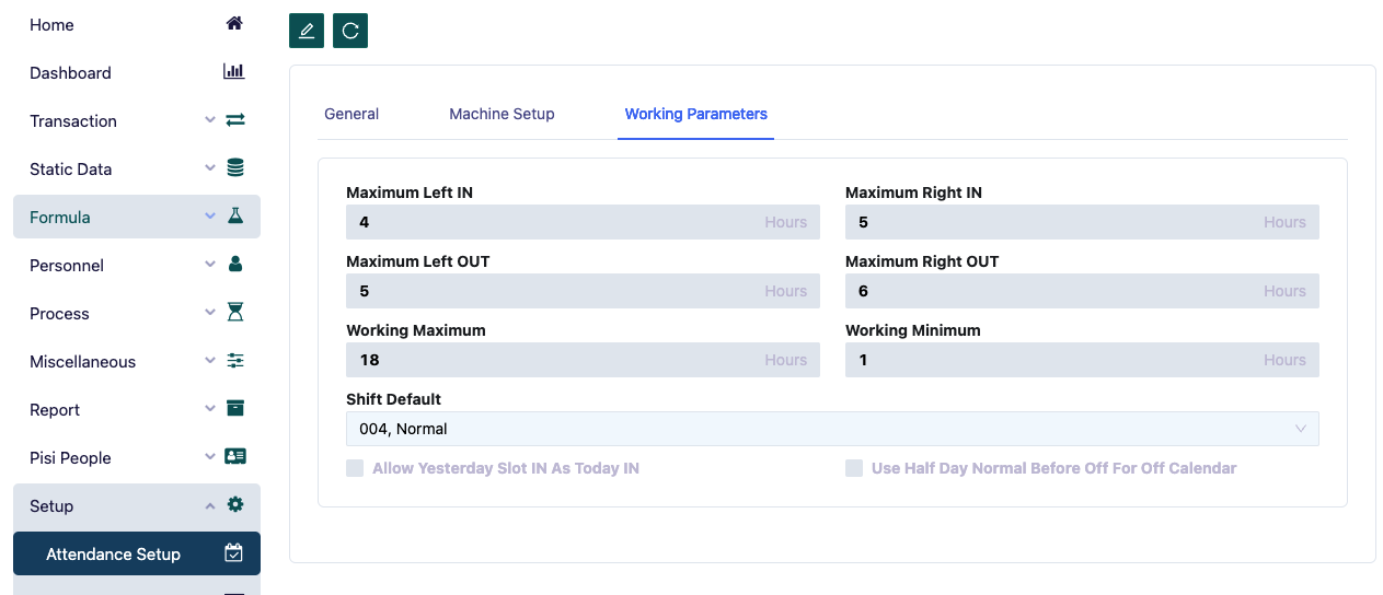 Attendace Setup Working Parameter