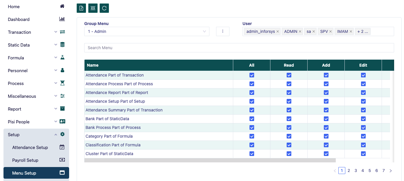 메뉴 설정 테이블